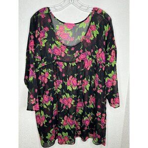 Betsey Johnson Top Sheer Black Floral Roses Babydoll One Size Colorful Coverup *